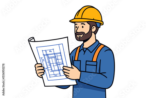 Construction Worker Examining Blueprint Plans in a Vector Illustration with Hard Hat and Overalls