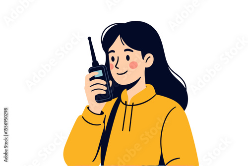 Young Woman Holding and Speaking into a Walkie-Talkie, Wearing a Yellow Hoodie, Vector Illustration