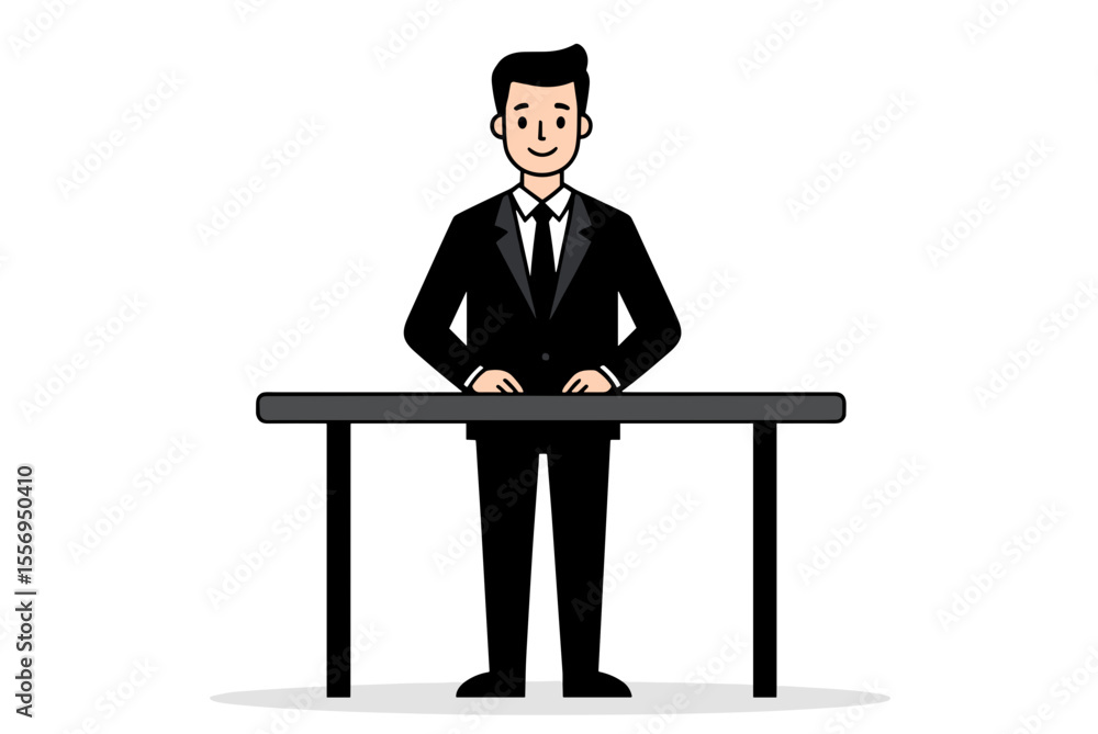 Obraz premium Illustration of a Man in a Black Suit Standing Behind a Table, Cartoon Style