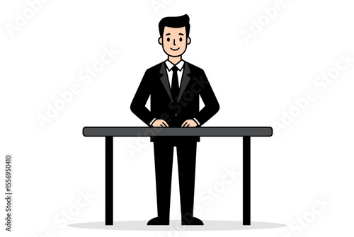 Illustration of a Man in a Black Suit Standing Behind a Table, Cartoon Style