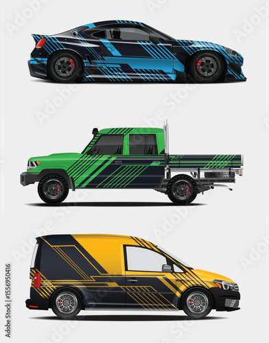 Three Vehicles with Custom Graphics Sports Car Truck and Van Illustration