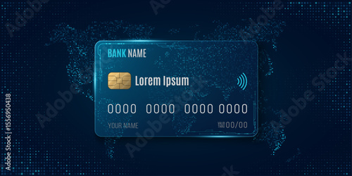 Digital transparent glass bank card with electronic circuit details and world map on dark blue background. Hi-tech credit card concept for fintech, online payments, and secure transactions. Vector.