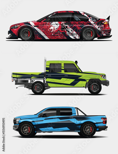 Three Vector Car Designs with Unique Custom Wraps and Off Road Modifications