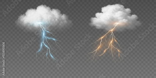 Golden and blue lightning bolts striking from a realistic fluffy cloud on a transparent background. Light effect with sparkles on impact for dynamic weather scenes. Vector illustration.