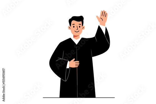 Illustration of a Man in Graduation Gown Raising Hand, Taking an Oath or Giving Testimony