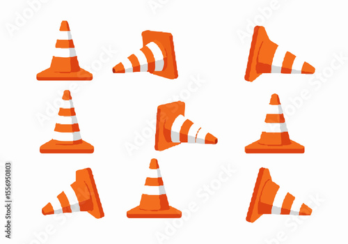 Hand-drawn illustration pattern of orange and white traffic cones in various angles on a white background.