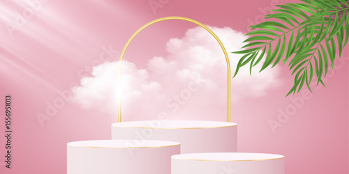 Exotic 3D podium with golden arc and realistic fluffy clouds on pink background. Tropical scene with sunlight and palm leaves for product display, branding, or sale presentation. Vector illustration.