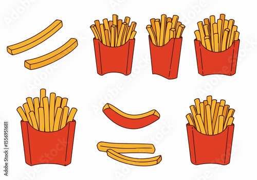 Hand-drawn style french fries illustration set, featuring loose fries and classic red containers, perfect design elements for fast food visuals on a white background.