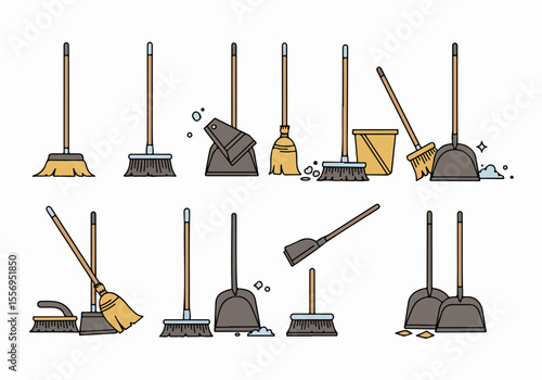 Vector illustration set of cartoon cleaning tools including brooms, dustpans, and bucket for household chores and hygiene.