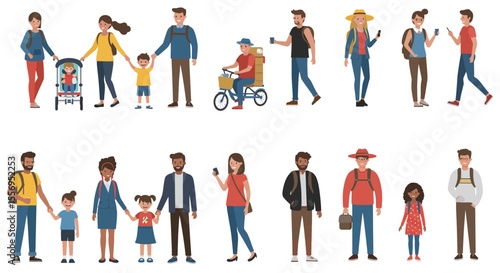 Diverse group of business people, families, and individuals in various poses and walking, presented as a vector silhouette collection