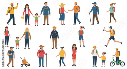 Diverse group of business people, families, and individuals in various poses and walking, presented as a vector silhouette collection