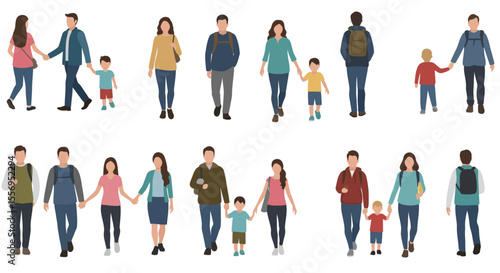 Diverse group of business people, families, and individuals in various poses and walking, presented as a vector silhouette collection