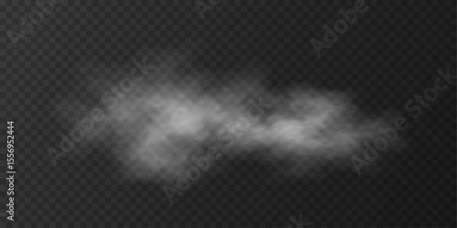 White realistic cloud of fog and smoke effect isolated on a transparent background. Misty atmosphere element for overlaying on images, dramatic scenes or cinematic visual effects. Vector illustration.