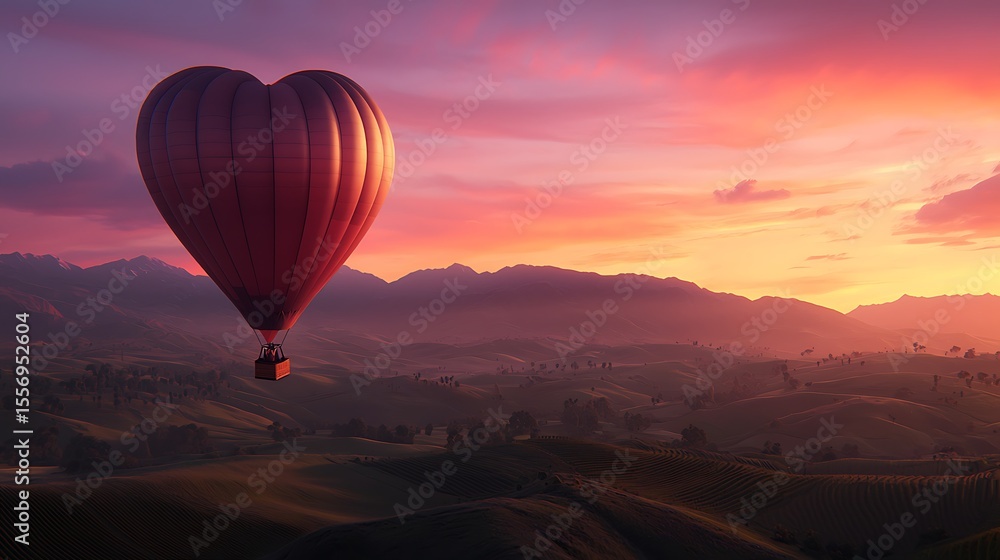 Fototapeta premium Red heart shaped hot air balloon floats over rolling hills at sunrise with a vibrant pink and orange sky