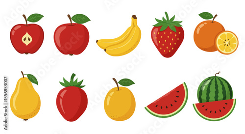 A vibrant collection of fresh fruits and vegetables including apples, strawberries, oranges, bananas, pears, lemons, cherries, peaches, watermelons, kiwis, tomatoes, and peppers