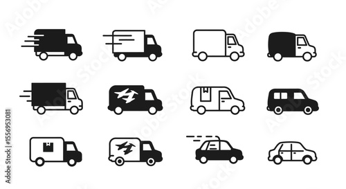 A diverse set of vector transportation icons, including cars, trucks, vans, buses, and taxis, perfect for illustrating road traffic and cargo delivery