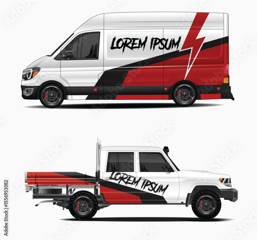 Two Vehicle Mockups Delivery Van and Pickup Truck with Custom Graphics