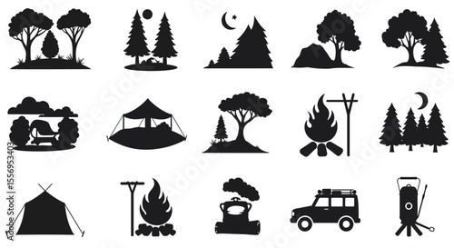 Camping and travel vector icons collection with sun, tree, and boat silhouettes