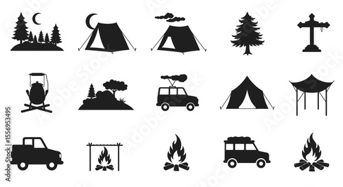 A vector set of camping and sea travel icons featuring boats, cars, and other transport symbols for your summer adventures