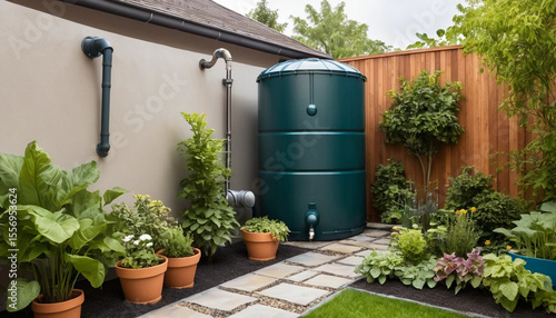 Eco rainwater storage tank in home garden