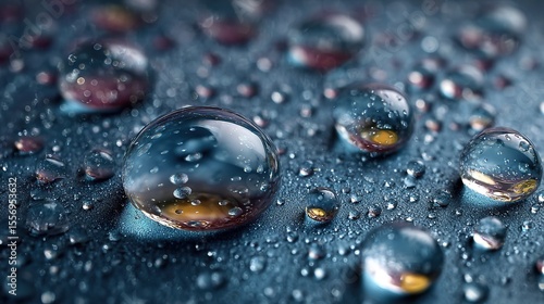 Various sizes of water drops suspended in air. Transparent and translucent liquid droplets with light reflections showing purity and natural elements.
