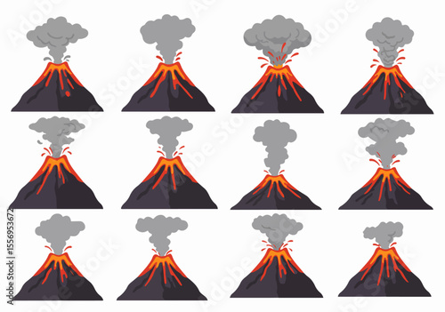 Flat design vector illustration set of erupting volcanoes showing different stages of activity