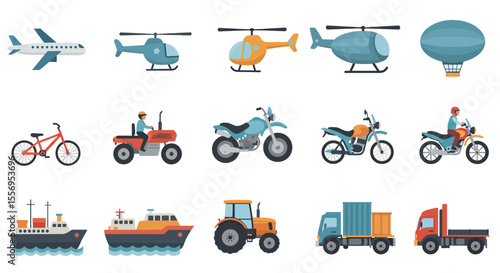 A vibrant vector set of diverse transportation icons including cars, trucks, trains, buses, airplanes, and ships, perfect for illustrating travel and traffic