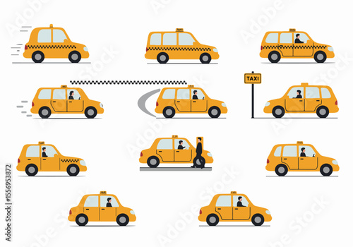 Set of yellow taxi car illustrations showing different city transportation situations like driving, stopping, waiting, and picking up passengers.