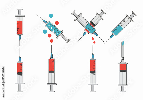 Set of medical syringes with needles, illustrating injections, healthcare, vaccination, and medical treatment concepts in a flat illustration style.