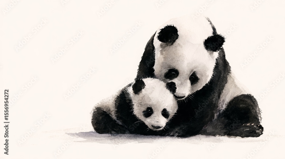 Naklejka premium Gentle Mother Panda Cuddling Baby Cub in Soft Black Ink Washes on White Background