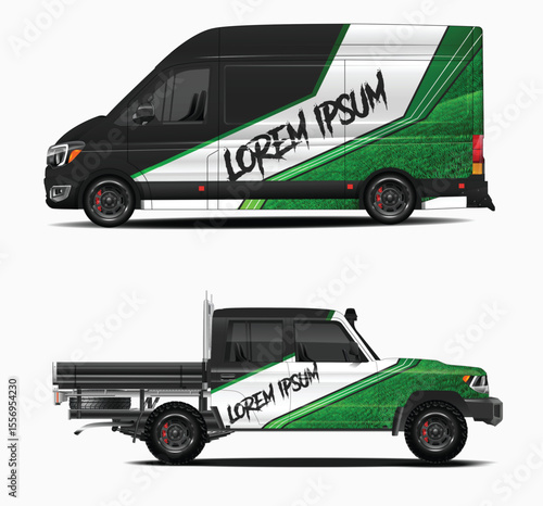 Van and Truck Mockup with Green and White Design and Lorem Ipsum Text