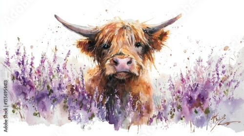 Majestic Scottish Highland cow standing amid blooming heather on white background