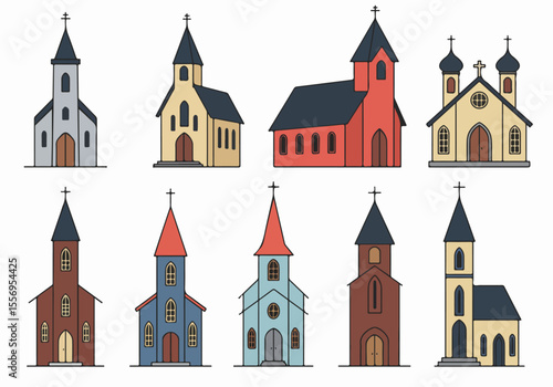 Set of various colorful cartoon church building illustrations with crosses and different architectural styles