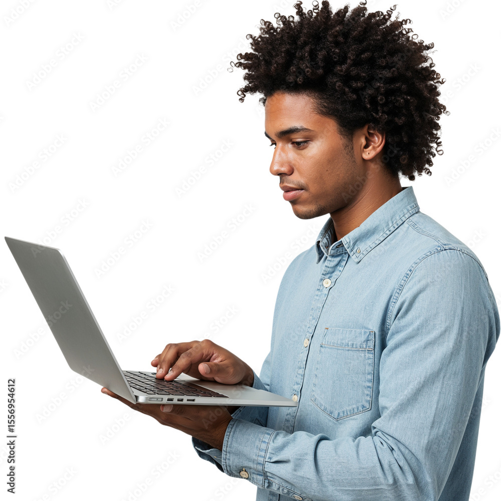 Modern silver laptop with blank white screen open and isolated on transparent background Modern silver laptop with blank white screen open and isolated on transparent background