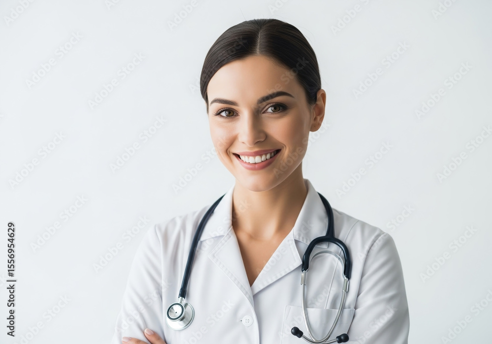 A smiling female doctor poses confidently, wearing a stethoscope around her neck. A smiling female doctor poses confidently, wearing a stethoscope around her neck.