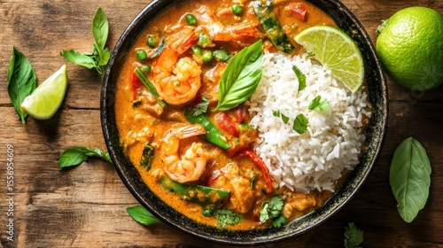 Wallpaper Mural Colorful Shrimp Curry with Rice and Fresh Herbs on Wooden Table Torontodigital.ca