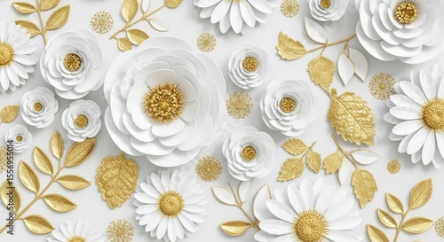 Elegant White and Gold Floral Arrangement with Detailed Petals and Leaves