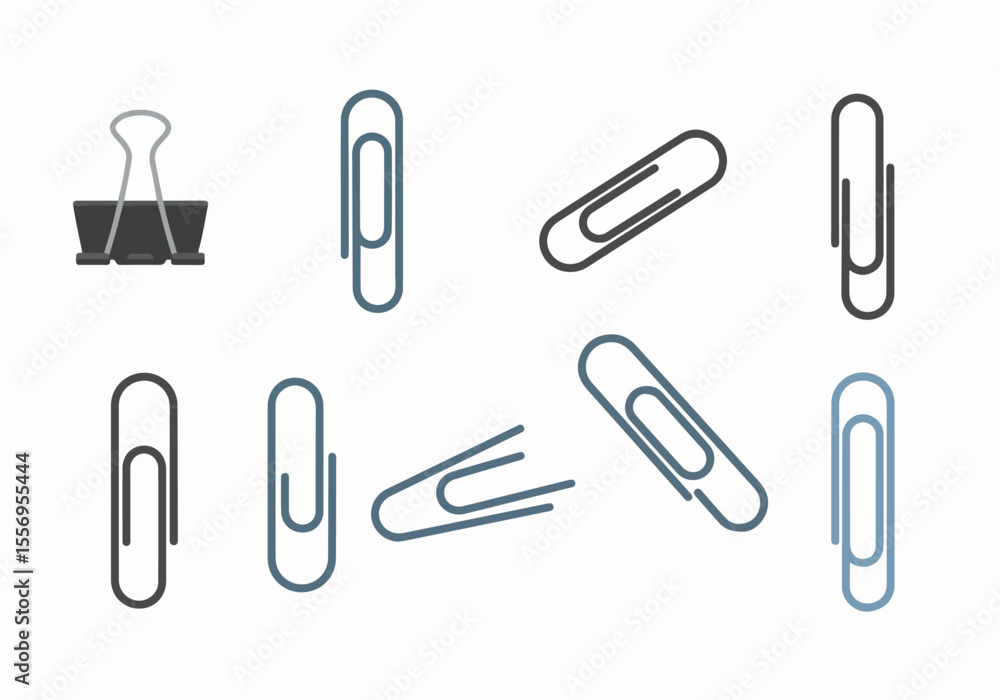 Collection of paperclips and a binder clip illustration on a white background, office and stationery supplies vector set. Collection of paperclips and a binder clip illustration on a white background, office and stationery supplies vector set.