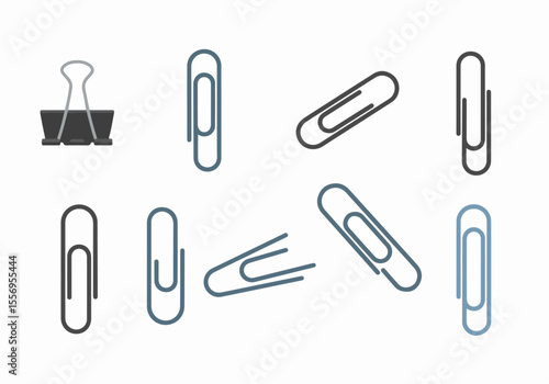 Collection of paperclips and a binder clip illustration on a white background, office and stationery supplies vector set.