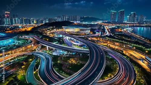 Nighttime cityscape showcasing vibrant highways, illuminated buildings, and a serene waterfront view