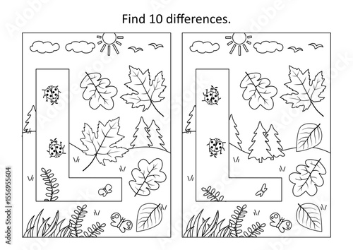 Letter L difference game and coloring page. L is for leaves. L is for ladybug.
