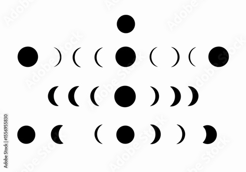 Abstract minimalist illustration featuring various phases of the moon in black and white, arranged in a geometric pattern.