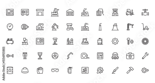 Set of 50 Clean Industrial and Factory Line Icons - Black Geometric Style for Manufacturing and Engineering