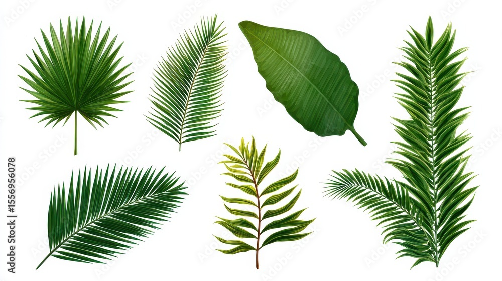 5. A detailed vector set of tropical leaves, primarily featuring Phoenix palm leaves, set against a white background. The leaves are depicted in a simple flat style, with attention to the natural 5. A detailed vector set of tropical leaves, primarily featuring Phoenix palm leaves, set against a white background. The leaves are depicted in a simple flat style, with attention to the natural