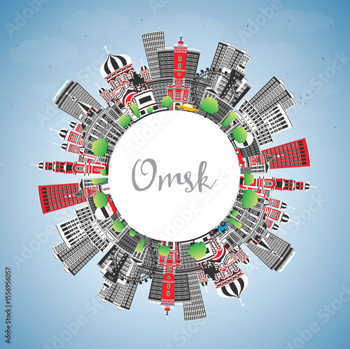 Omsk Russia city skyline with color buildings, blue sky and copy space. Omsk cityscape with landmarks. Business travel and tourism concept with modern and historic architecture.