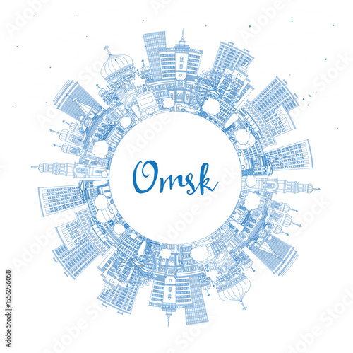 Outline Omsk Russia city skyline with blue buildings and copy space. Omsk cityscape with landmarks. Business travel and tourism concept with modern and historic architecture.