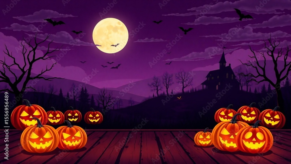 Fototapeta premium Spooky halloween night with jack o lanterns and haunted house