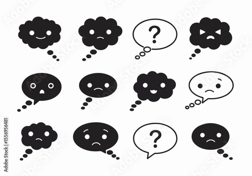 Set of cartoon speech and thought bubbles with various emotional faces and question marks, including happy, sad, surprised, and angry expressions.