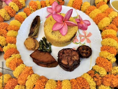 Tablou pe pânză Hindu blessed food for God and rituals as per culture, offerings to the deity, or sacred food for grace or blessing in religious offering in Hinduism