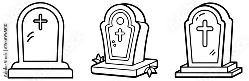 Tombstone Vector Set: Gravestone, Cemetery, Cross, Halloween, Death, Minimalist Outline Icon